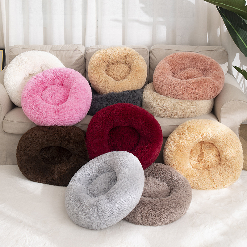 Soft Comfortable Pet House Faux Fur Donut Cuddler Self-Warming Fluffy Dog and Cat Calming Cushion Bed with Non-Slip Bottom
