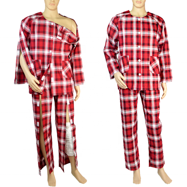 Venta caliente patrón de rayas a cuadros ropa de cuidado del paciente adulto incontinencia traje de enfermería conjunto ropa de ancianos postrados en cama