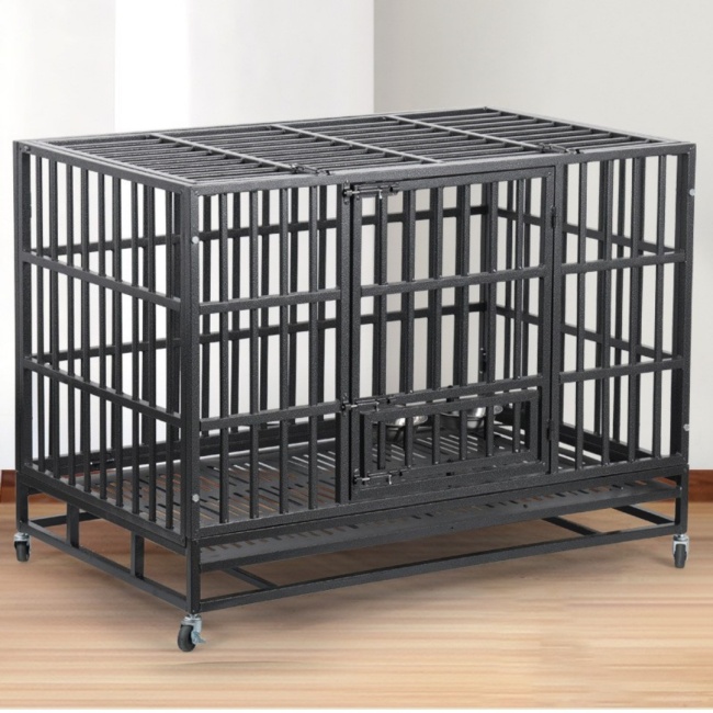 Wholesale Pet Supplies High Quality 48 Inch Stackable Transport Dog Kennel Cage Foldable Oval Iron Pipe Dog Cage With Pet Bowl
