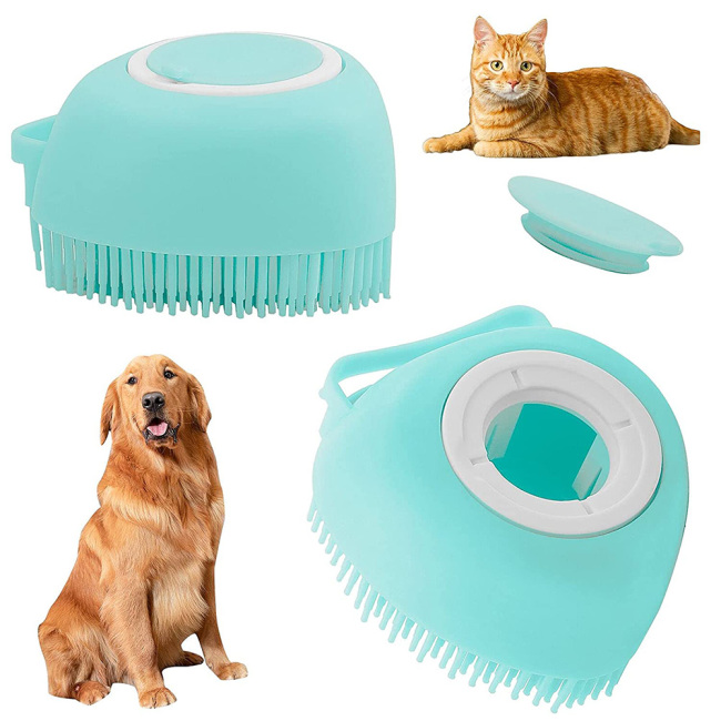 Cepillo de masaje para baño de mascotas de silicona suave con dispensador de champú con mango de anillo para perros y gatos