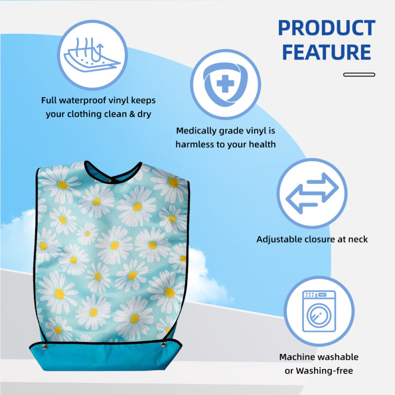 Wholesale Washable Printing Adjustable Snap Closure Adult Bib Waterproof Soft Reusable Adult Bib With Pocket