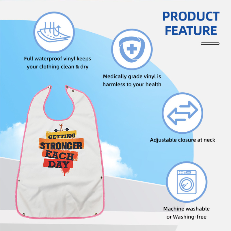 Bavoir adulte lavable et personnalisable avec impression de position, tablier imperméable sans manches réutilisable, avec récupérateur de miettes en option.