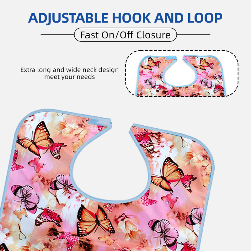 Wholesale Washable Prints Butterflies Adult Bib Reusable Waterproof Adult Bib With Optional Crumb Catcher