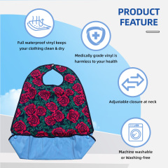 Wholesale Reusable Waterproof Adult Bib with Washable Red Flowers Prints Optional Crumb Catcher Sleeveless Apron