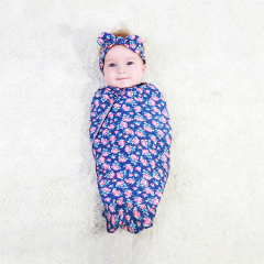 Gran oferta de mantas envolventes de algodón orgánico con estampado elástico para bebé, conjunto de mantas y diademas para recién nacido