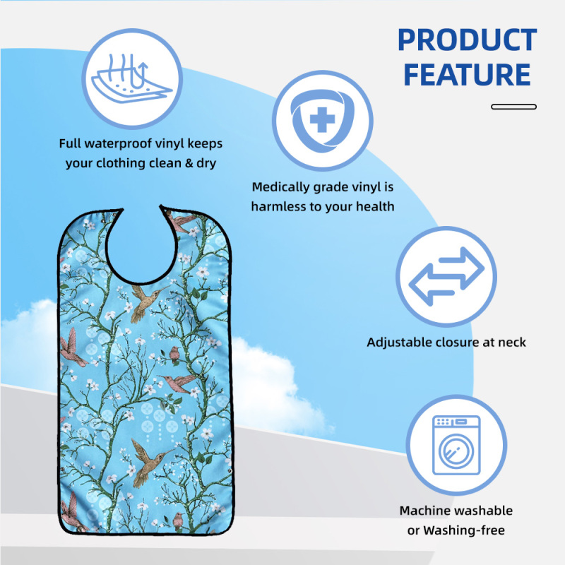 Wholesale Washable Prints Sleeveless Apron Reusable Waterproof Adult Bib with Optional Crumb Catcher Latex-free Fashionable