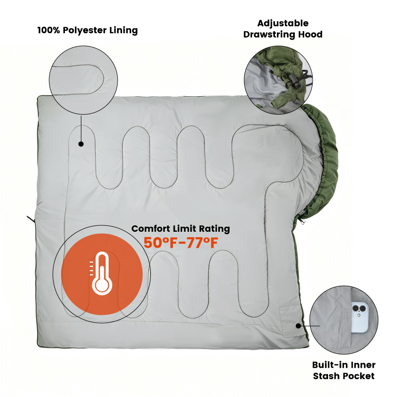 Forest Myth Portable adult sleeping bag equipped with a compression sack, suitable for three seasons. Perfect for camping, hiking, tent stays and travel，Mil Green & Med Grey