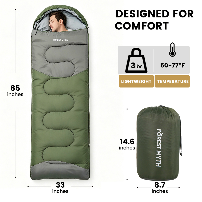 Forest Myth Portable adult sleeping bag equipped with a compression sack, suitable for three seasons. Perfect for camping, hiking, tent stays and travel，Mil Green & Med Grey