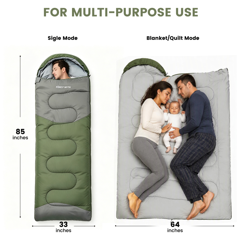 Forest Myth Portable adult sleeping bag equipped with a compression sack, suitable for three seasons. Perfect for camping, hiking, tent stays and travel，Mil Green & Med Grey