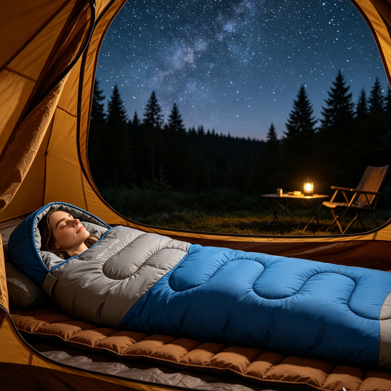 Forest Myth Portable adult sleeping bag equipped with a compression sack, suitable for all four seasons. Perfect for camping, hiking, tent stays and travel，Blue & Med Grey