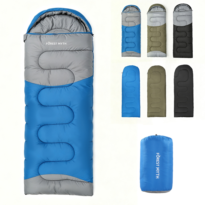 Forest Myth Portable adult sleeping bag equipped with a compression sack, suitable for all four seasons. Perfect for camping, hiking, tent stays and travel，Blue & Med Grey
