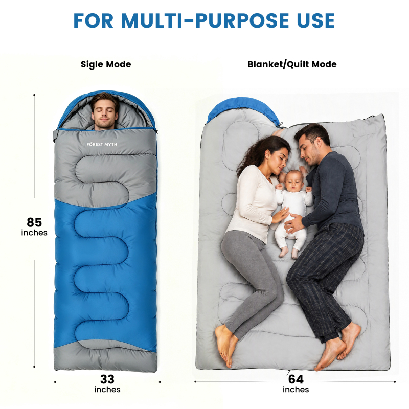 Forest Myth Portable adult sleeping bag equipped with a compression sack, suitable for all four seasons. Perfect for camping, hiking, tent stays and travel，Blue & Med Grey