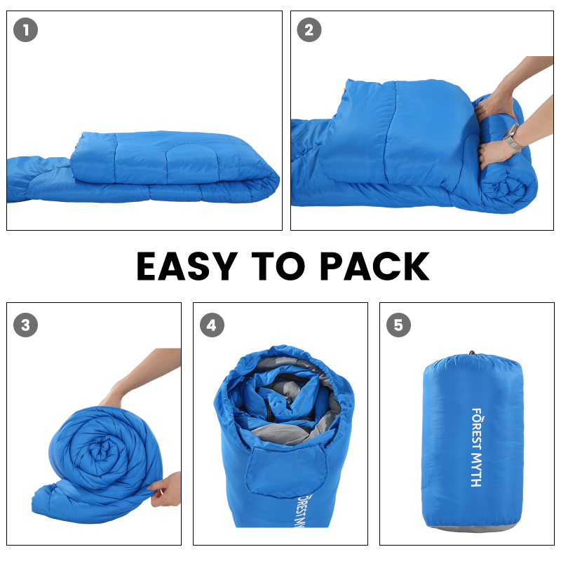 Forest Myth Portable adult sleeping bag equipped with a compression sack, suitable for all four seasons. Perfect for camping, hiking, tent stays and travel，Blue & Med Grey
