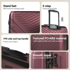 3 Piece Luggage Sets ABS Lightweight Suitcase with Two Hooks, Spinner Wheels, TSA Lock, (20/24/28) Wine red
