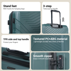 3 Piece Luggage Sets ABS Lightweight Suitcase with Two Hooks, Spinner Wheels, TSA Lock, (20/24/28) Dark Green