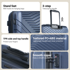 3 Piece Luggage Sets ABS Lightweight Suitcase with Two Hooks, Spinner Wheels, TSA Lock, (20/24/28) Navy