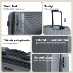 3 Piece Luggage Sets ABS Lightweight Suitcase with Two Hooks, Spinner Wheels, TSA Lock, (20/24/28) Gray