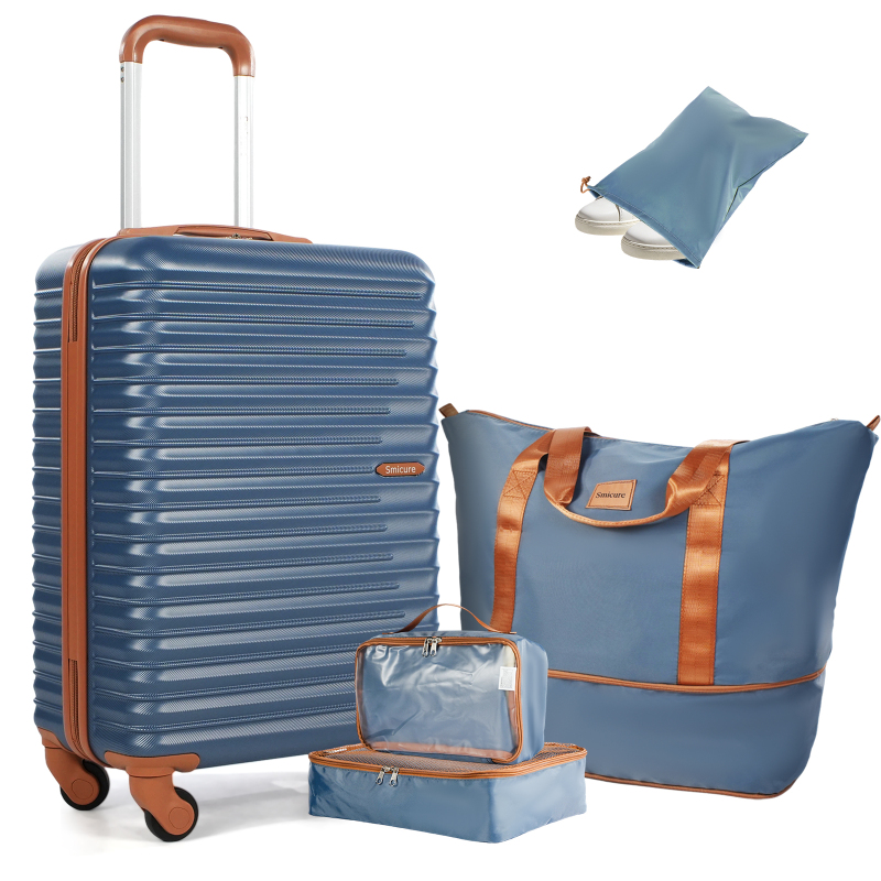 Smicure Carry On Luggage Set 5 Piece with Spinner Wheel, Hardside Lightweight Suitcase with Duffel Bag and Travel Essentials, Blue