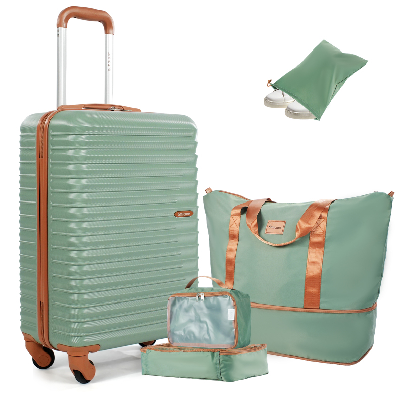 Smicure Carry On Luggage Set 5 Piece with Spinner Wheel, Hardside Lightweight Suitcase with Duffel Bag and Travel Essentials, Green