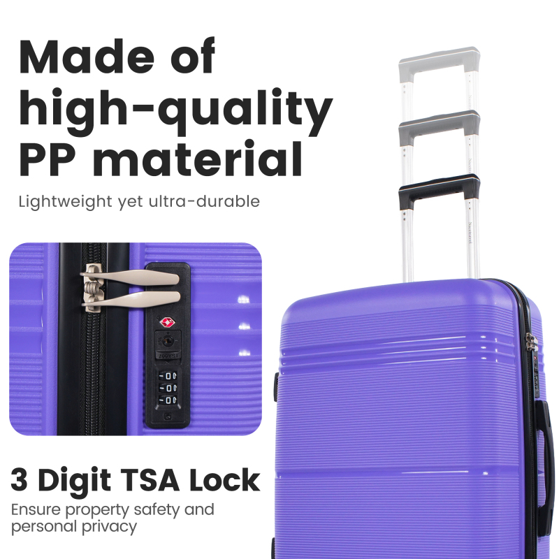 NiceTravel 3 Piece Hardside Luggage set, Lightweight Hard Shell Suitcase with TSA Lock Carry on and Checked Luggage, Purple