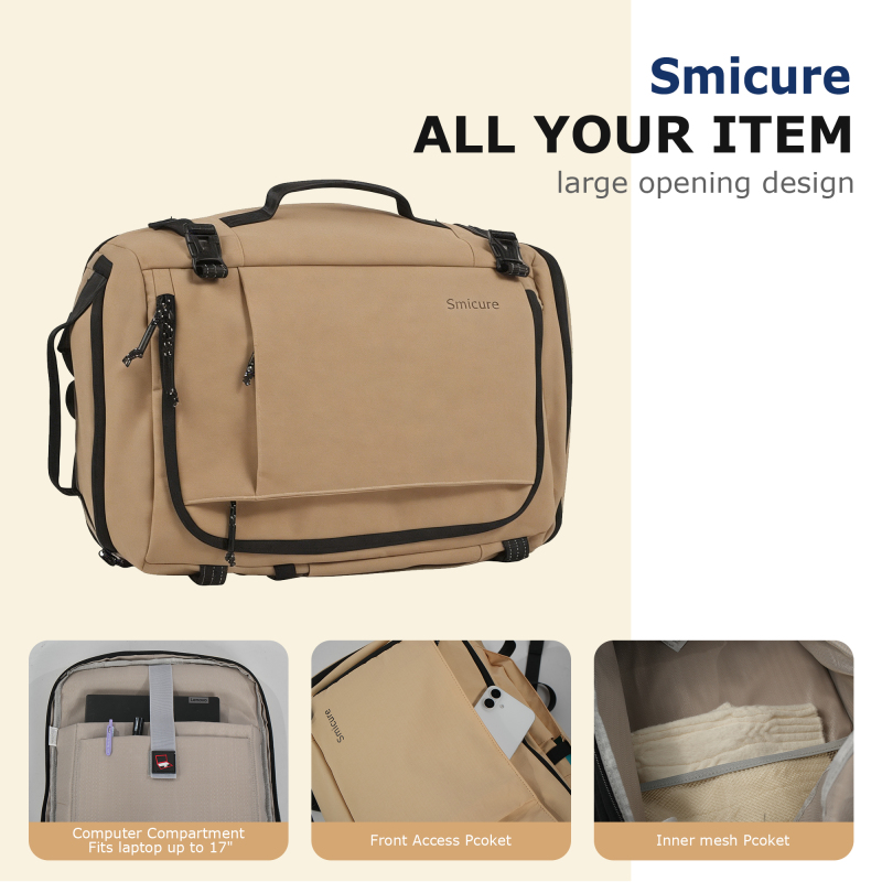 Smicure Travel carry on Backpack Laptop Business 17.5 Inch Business Anti Theft Slim Sturdy College School Computer 2 in 1 Duffel Bag. Beige