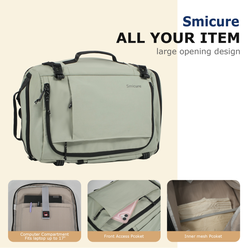 Smicure Travel carry on Backpack Laptop Business 17.5 Inch Business Anti Theft Slim Sturdy College School Computer 2 in 1 Duffel Bag.Green