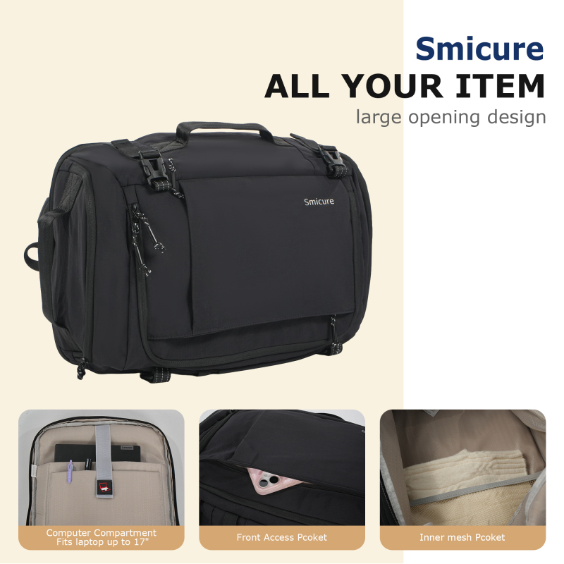 Smicure Travel carry on Backpack Laptop Business 17.5 Inch Business Anti Theft Slim Sturdy College School Computer 2 in 1 Duffel Bag.Black