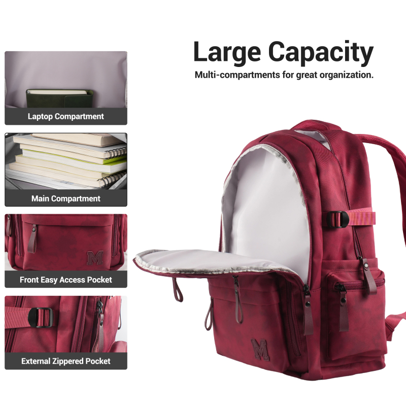 Forest Myth Backpack for Men and Women, Water Resistant College School Bag, Lightweight Travel Backpack, Large Size, Wine Red