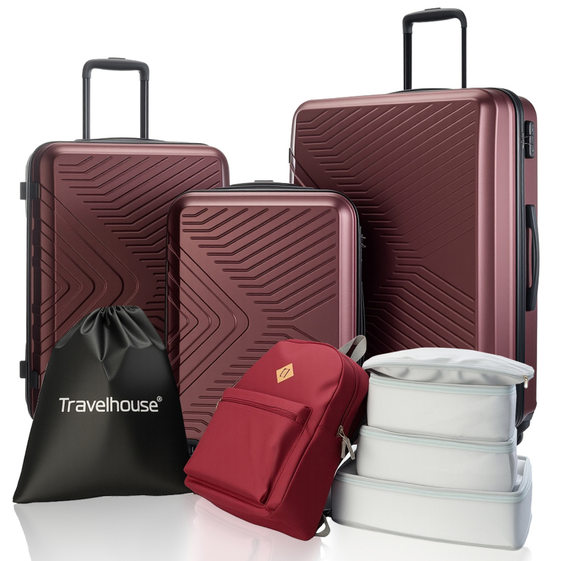 Travelhouse 3 Piece Hardside Luggage Set Hardshell Lightweight TSA Lock Spinner Wheels Suitcase with Backpack and 5 Packing Cubes.Wine Red