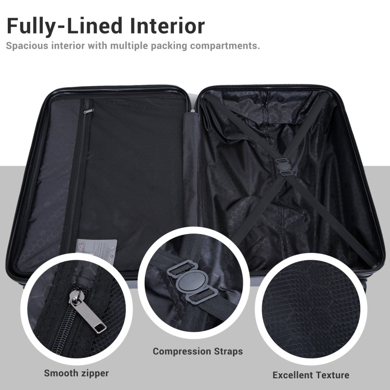 Travelhouse 3 Piece Hardside Luggage Set Hardshell Lightweight TSA Lock Spinner Wheels Suitcase with Backpack and 5 Packing Cubes.Black