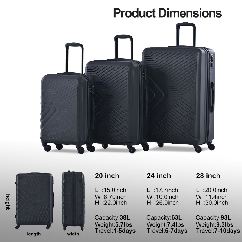 Travelhouse 3 Piece Hardside Luggage Set Hardshell Lightweight TSA Lock Spinner Wheels Suitcase with Backpack and 5 Packing Cubes.Black