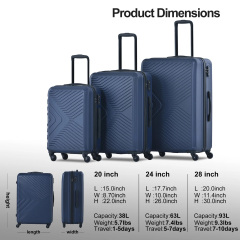Ensemble de 3 valises rigides Travelhouse, légères, à coque rigide, avec serrure TSA, roulettes pivotantes, sac à dos et 5 compartiments de rangement. Bleu marine
