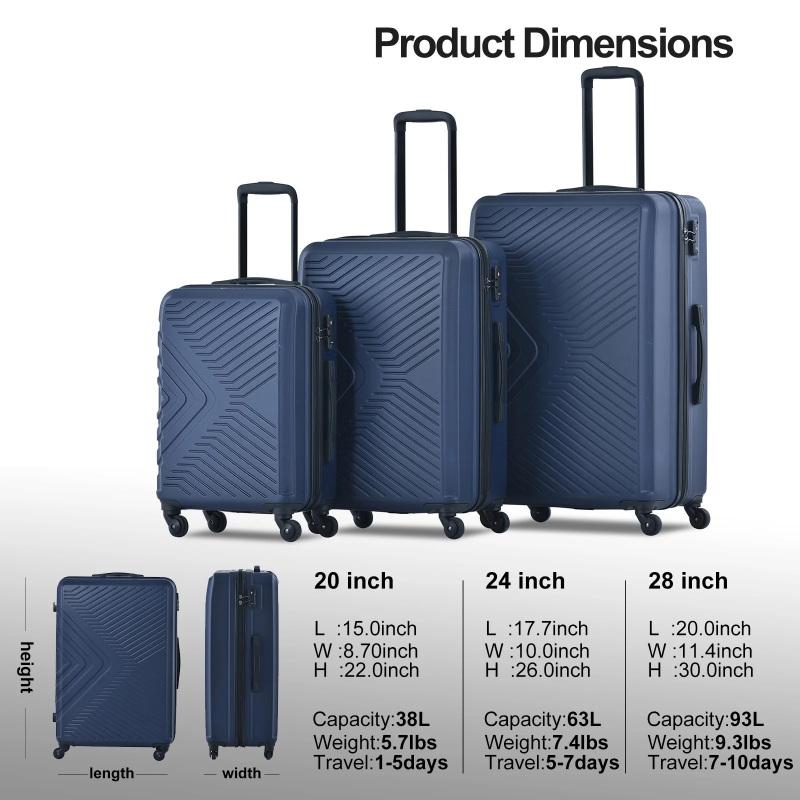 Travelhouse 3 Piece Hardside Luggage Set Hardshell Lightweight TSA Lock Spinner Wheels Suitcase with Backpack and 5 Packing Cubes.Navy