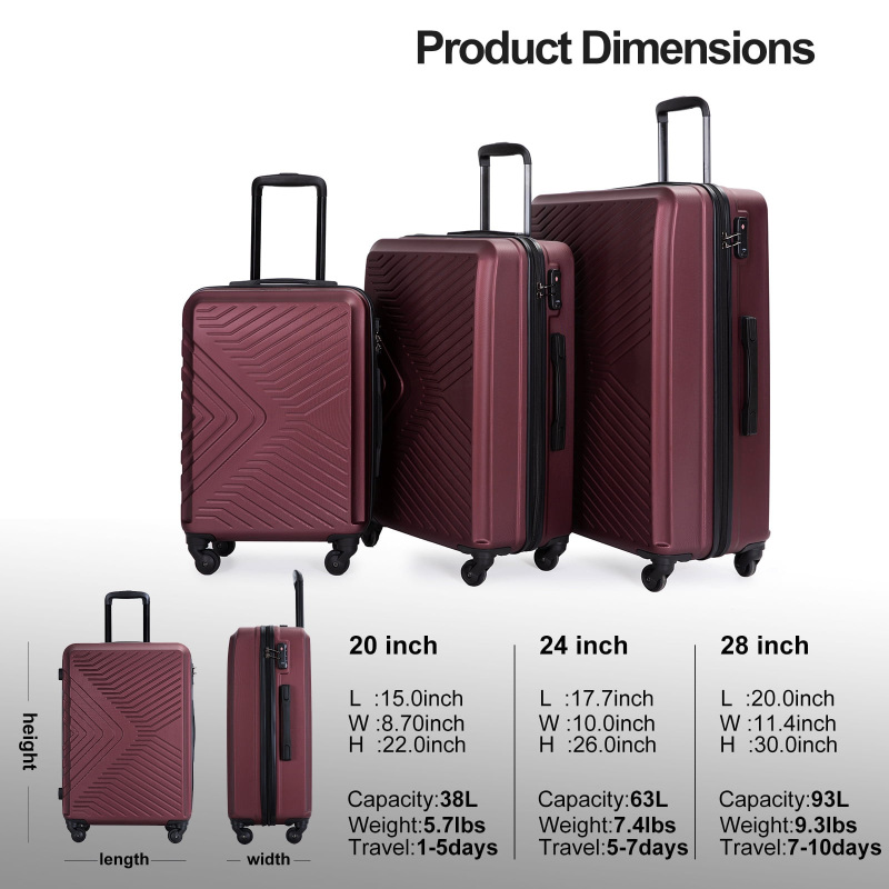 Travelhouse 3 Piece Hardside Luggage Set Hardshell Lightweight TSA Lock Spinner Wheels Suitcase with Backpack and 5 Packing Cubes.Wine Red