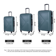 3 Piece Luggage Sets ABS Lightweight Suitcase with Two Hooks, Spinner Wheels, TSA Lock, (20/24/28) Dark Green