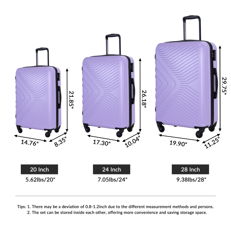 3 Piece Luggage Sets ABS Lightweight Suitcase with Two Hooks, Spinner Wheels, TSA Lock, (20/24/28) Light Purple