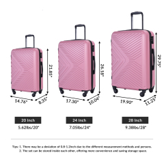 3 Piece Luggage Sets ABS Lightweight Suitcase with Two Hooks, Spinner Wheels, TSA Lock, (20/24/28) Pink