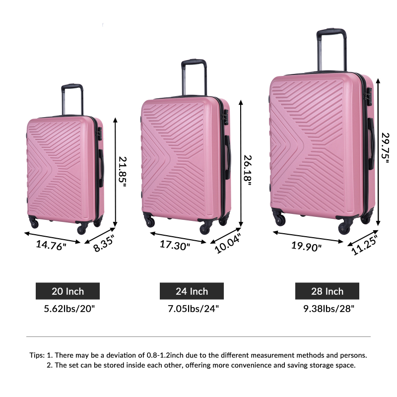 3 Piece Luggage Sets ABS Lightweight Suitcase with Two Hooks, Spinner Wheels, TSA Lock, (20/24/28) Pink