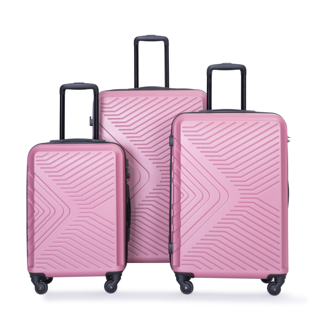 3 Piece Luggage Sets ABS Lightweight Suitcase with Two Hooks, Spinner Wheels, TSA Lock, (20/24/28) Pink