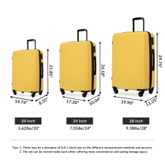 3 Piece Luggage Sets ABS Lightweight Suitcase with Two Hooks, Spinner Wheels, TSA Lock, (20/24/28) Yellow