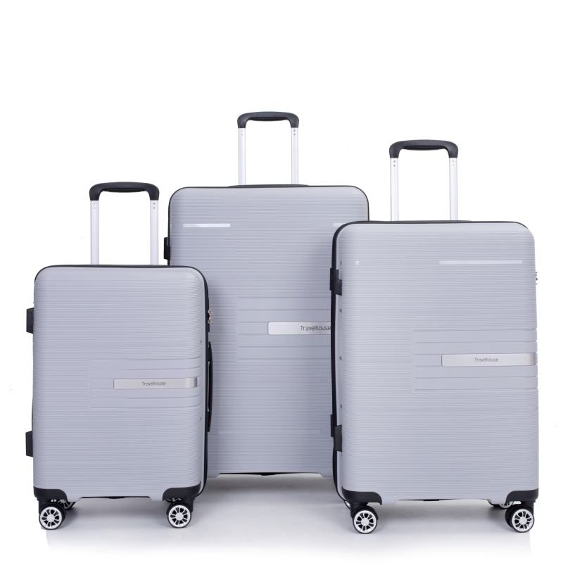 Maleta rígida con ruedas giratorias dobles, juegos de equipaje de PP, maleta ligera y duradera con cerradura TSA, juego de 3 piezas (20/24/28), color plateado