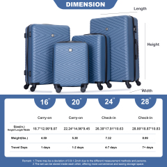 luggage 4-piece ABS lightweight suitcase with rotating wheels, 24 inch and 28 inch with TSA lock, (16/20/24/28) Blue