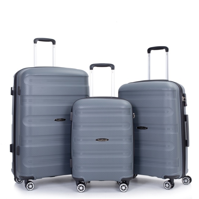 Maleta rígida con ruedas giratorias, juegos de equipaje de PP, maleta ligera y duradera con cerradura TSA, juego de 3 piezas (20/24/28), gris