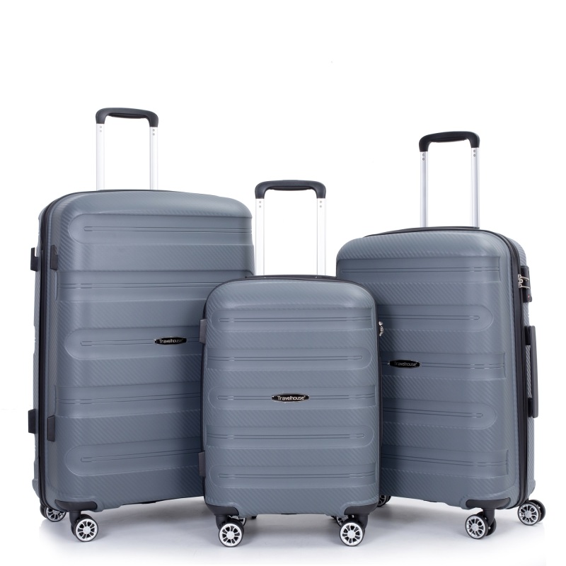حقيبة هاردشيل بعجلات دوارة من البولي بروبيلين، حقيبة متينة خفيفة الوزن مع قفل TSA، مجموعة من 3 قطع (20/24/28)، رمادي