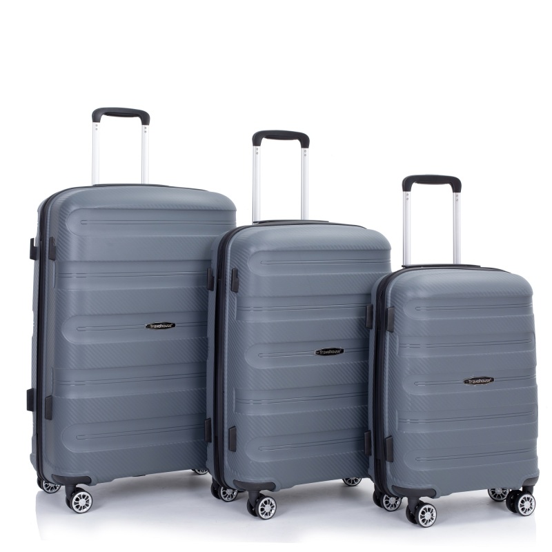 حقيبة هاردشيل بعجلات دوارة من البولي بروبيلين، حقيبة متينة خفيفة الوزن مع قفل TSA، مجموعة من 3 قطع (20/24/28)، رمادي