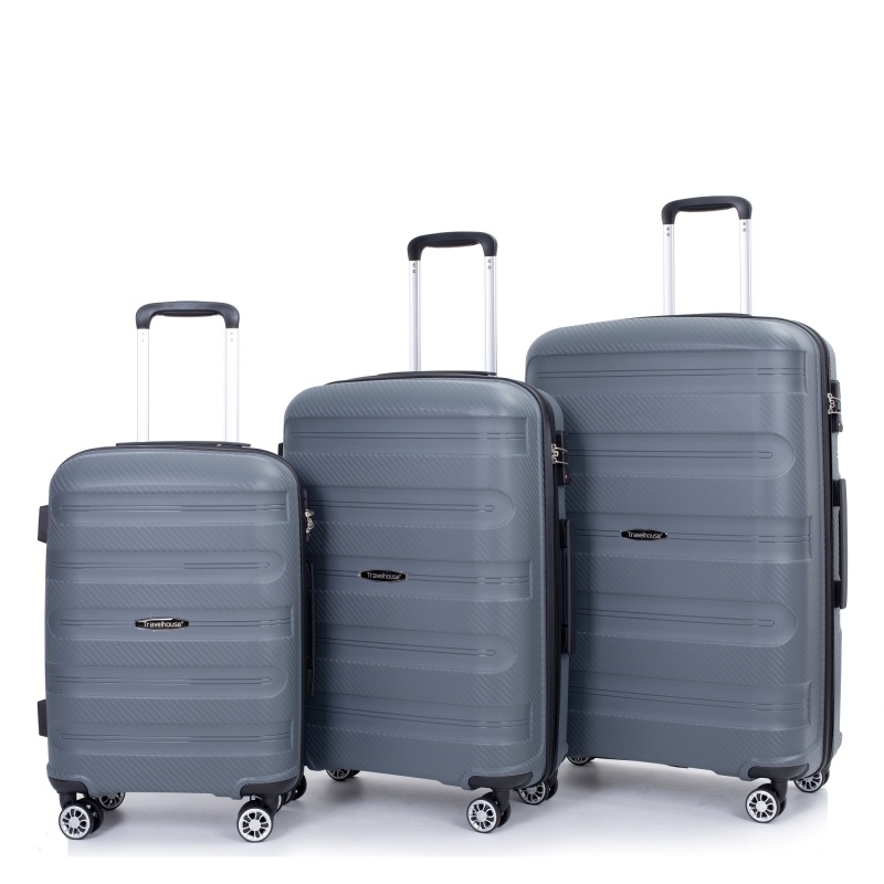 حقيبة هاردشيل بعجلات دوارة من البولي بروبيلين، حقيبة متينة خفيفة الوزن مع قفل TSA، مجموعة من 3 قطع (20/24/28)، رمادي