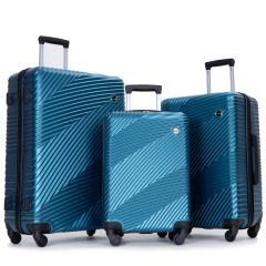 Ensembles de bagages 3 pièces PC + ABS, valise légère avec deux crochets, roues pivotantes (20/24/28) bleu foncé