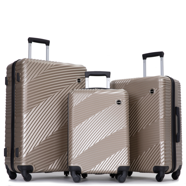 3 Piece Luggage Sets PC+ABS Lightweight Suitcase with Two Hooks, Spinner Wheels, (20/24/28) Gold 