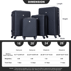 luggage 4-piece ABS lightweight suitcase with rotating wheels, 24 inch and 28 inch with TSA lock, (16/20/24/28) Black