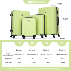 luggage 4-piece ABS lightweight suitcase with rotating wheels, 24 inch and 28 inch with TSA lock, (16/20/24/28) Fluorescent Green